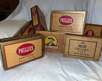 Vintage Cigar Boxes - Set of 7 - Phillies Perfecto, College Crooks Rum, Pennsylvania Dutchman