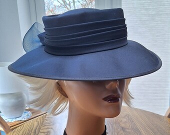 Vintage Hat from KANGOL Made in the UK Navy Blue with a fabric and netting Bow Polyester Formal Event Ladies Hat Special Occasion Millinery