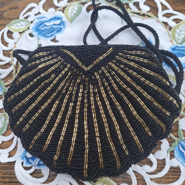 Vintage Evening Bag Evening Purse Made in Hong Kong Black and Gold Beads Shoulder Strap Acetate Lining Pocket Mirror