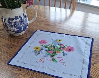 Vintage Handkerchief Blue Floral Spring Flowers Feminine Pretty Handkerchief Wedding Birthday Gift