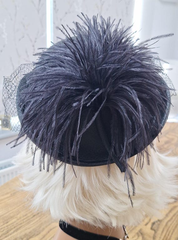 Vintage Kangol Pillbox Hat: Black Feather Millinery, 1980s 