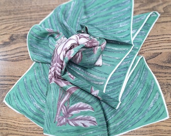 Vintage Headscarf HAMMURA Acetate Satin Green Floral Water Repellent Rolled Hem Ladies Scarf Accessories for her Gift for Her Vintage Scarf