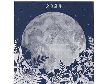 Affiche du calendrier lunaire 2024, calendrier mural, phases de la lune, calendrier lunaire, art de la pleine lune, phase lunaire, impression d'art argentée, cadeau astronomie argenté