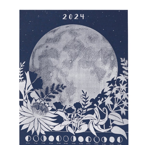 2024 Lunar Calendar Poster, Wall Calendar, Moon Phase, Moon Calendar, Full Moon Art, Lunar Phase, Silver Art Print, Astronomy Gift Silver