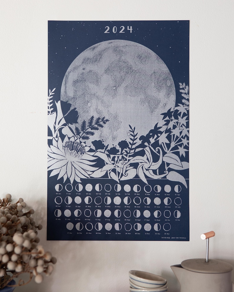 2024 Lunar Calendar Poster, Wall Calendar, Moon Phase, Moon Calendar, Full Moon Art, Lunar Phase, Silver Art Print, Astronomy Gift Silver image 3