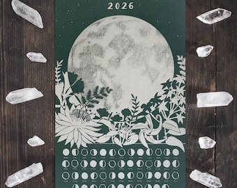 2026 Lunar Calendar Poster, Silver Moon Art Screenprint, Northern Hemisphere
