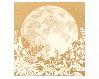 Art Print: Full Moon Rises Over Night-Blooming Flowers Print - Moon Art Print, Wall Art, Moon Garden Art, Night Garden, Lunar Art, Moon Post