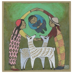 May include: A colorful illustration of a family with two llamas. The family is made up of a man, a woman, and a child. The man is wearing a red and white checkered shirt and a white hat. The woman is wearing a pink and white dress. The child is wearing a blue shirt. The llamas are white with brown markings. The background is green.