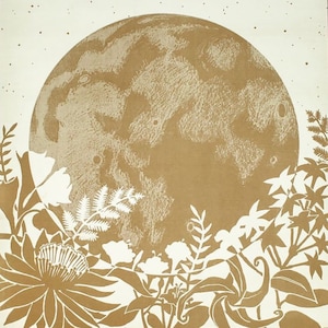 May include: A brown and white print of a full moon with white silhouettes of plants and flowers surrounding it.