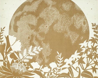 Full Moon Art Print: Night-Blooming Flowers, Gold Ink on Cream