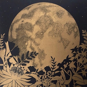 Full Moon Art Print: Night-Blooming Flowers, Gold Ink on Cream Gold ink-Black Paper