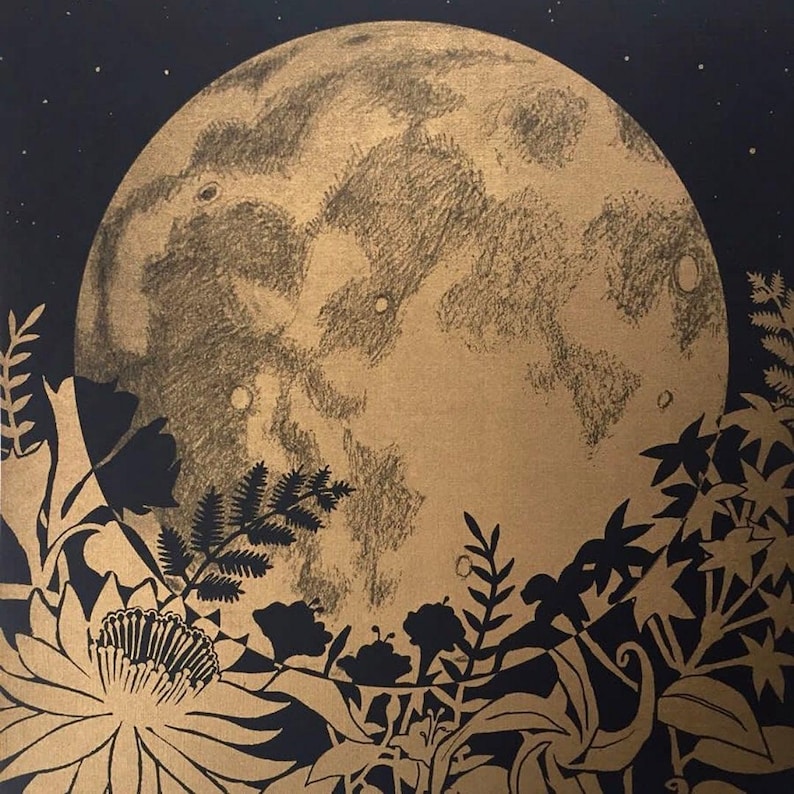 Full Moon Art Print: Night-Blooming Flowers, Gold Ink on Cream Gold ink-Black Paper