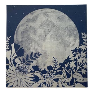 Full Moon Art Print: Night-Blooming Flowers, Gold Ink on Cream Silver ink on Blue