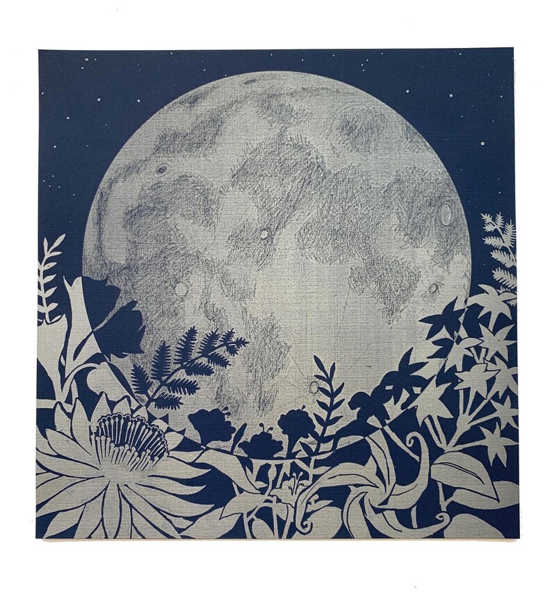 Full Moon Art Print: Night-Blooming Flowers, Gold Ink on Cream Silver ink on Blue