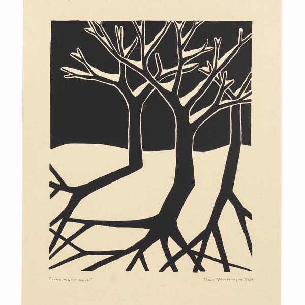 Long Night Moon Screen Print: Black and Cream Winter Art, Minimalist, Graphic Design