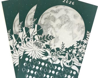 2026 Lunar Calendar Poster Set of Three, Moon Phase Art, Dark Green & Silver