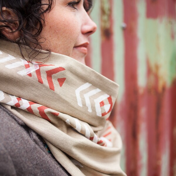 Arrows Infinity Cowl - Tan with Rust & White - Hand-Printed