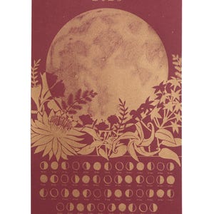 2025 Mondkalender Poster, Wandkalender, Mondphase, Mondkalender, Vollmondkunst, Mondphase, Merlot und Gold Kunstdruck, Astronomie Geschenk