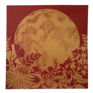 Full Moon Art Print: Night-Blooming Flowers, Gold Ink on Cream Gold ink-Red Paper