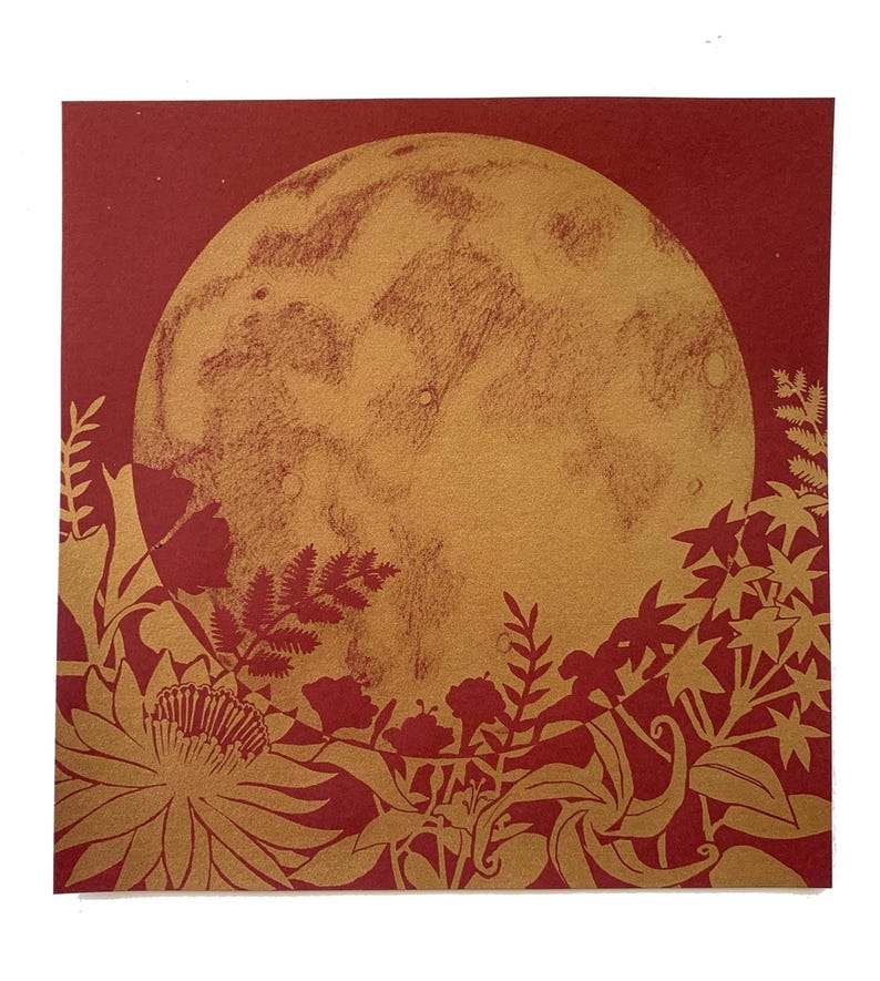 Full Moon Art Print: Night-Blooming Flowers, Gold Ink on Cream Gold ink-Red Paper