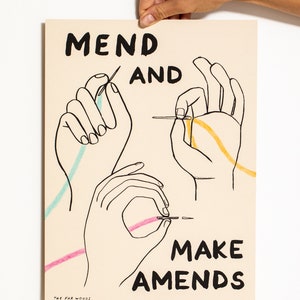 Mend and Make Amends Print silkscreen screenprint, art print, wall art, poster art gift for sewers, patching, sashiko, darning image 2