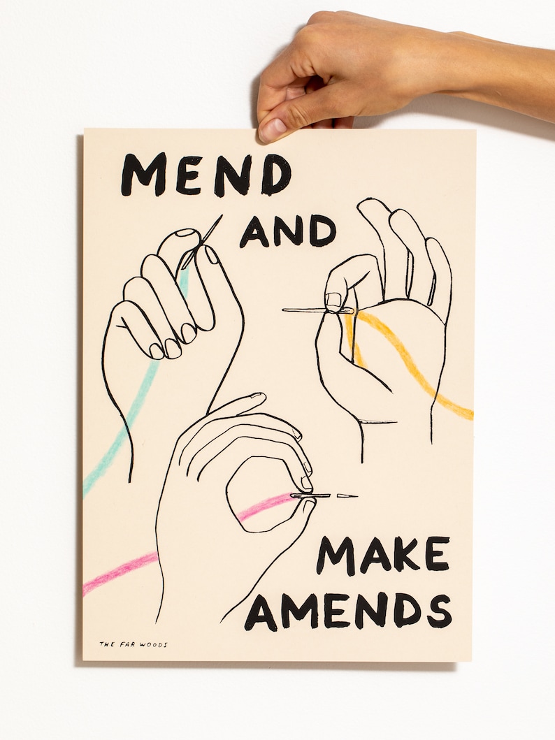 Mend and Make Amends Print silkscreen screenprint, art print, wall art, poster art gift for sewers, patching, sashiko, darning image 2