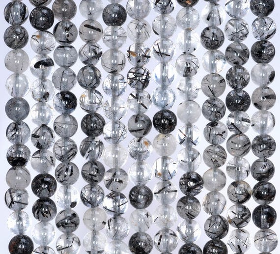 9-10MM BLACK RUTILATED QUARTZ GEMSTONE GRADE AAA ROUND 9-10MM LOOSE BEADS 7/"