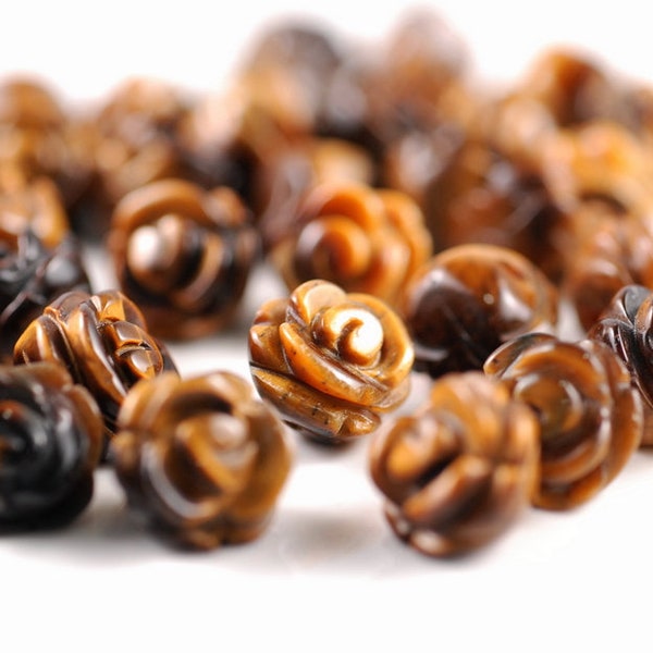 10MM Yellow Cognac Tiger Eye's Gemstone Carved Rose Flower Beads BULK LOT 5,10,20,30,50 (90187277-002)