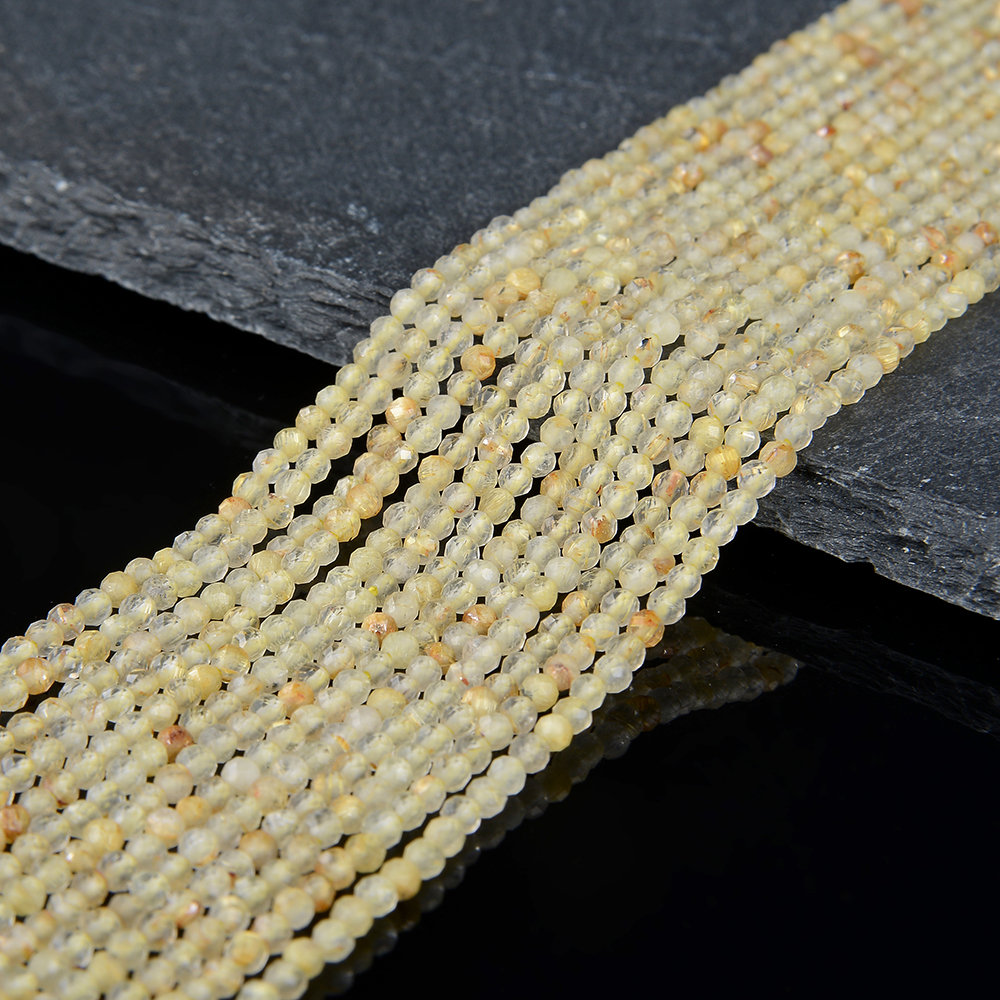 80008866-P13 2MM Golden Rutilated Quartz Gemstone Grade AA Micro Faceted Round Loose Beads 15.5 inch Full Strand