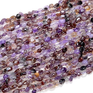 May include: A strand of purple and brown gemstone beads, each bead is a smooth, oval shape. The beads are strung on a clear thread.