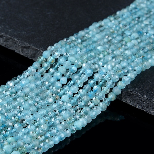 3-4MM Aqua Apatite Gemstone Natural Grade AAA Micro Faceted Round Beads 15 inch Full Strand (80016213-P49)