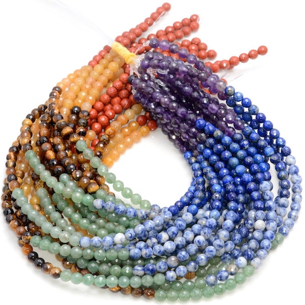 4mm Genuine Natural 7 Chakra Gemstone Faceted Round Loose Beads 15" Full Strand (80007127-A243)