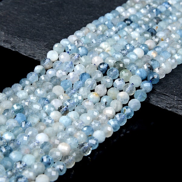 Natural Aquamarine Gemstone Grade AA Micro Faceted Round 2MM 3MM 4MM Loose Beads (P66)