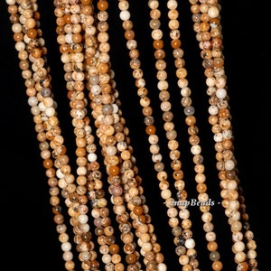 May include: A strand of brown and white jasper beads. The beads are round and have a speckled pattern. The beads are strung on a clear thread.