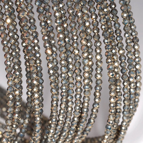 2mm Iron Pyrite Gemstone Grade AAA Micro Faceted Fine Round 2mm Loose Beads 15.5 inch Full Strand (80004207-107)