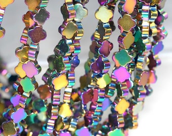 6x6mm Hematite Gemstone Grade AA Rainbow Titanium Leaf Clover Loose Beads 16 inch Full Strand (90185980-890)