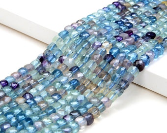 4MM Rainbow Fluorite Gemstone Grade AAA Micro Faceted Square Cube Loose Beads (P4)