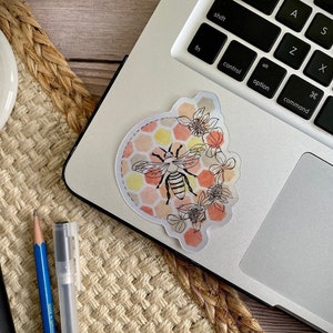 STICKER, Honey Bee Sticker, Bee Clover Flowers Honeycomb Sticker, Save The Bees Sticker, Geometric and Floral, 3x3 Vinyl Sticker