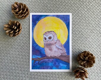 ART PRINT, Little Owl & Harvest Moon Art Print, Fall Night Sky, Autumn Artwork, Ink and Brush, 5x7in Art Print, Halloween Art Print