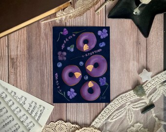 ART PRINT, Botanical Donut Print, Kitchen Art, Donut Art, Lavender Blueberry Violet Donut Illustration, Blue Dreams Donut 5x7 Art Print