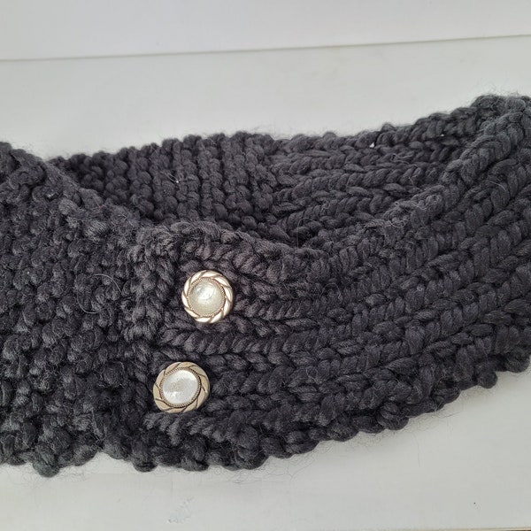 Dressy black knitted cowl scarf with glamourous silver/glass button accents. Very chic