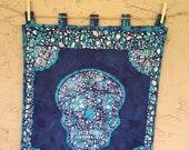Batik Wall hanging skull - Perfect for Halloween- Blue funky sugar skull