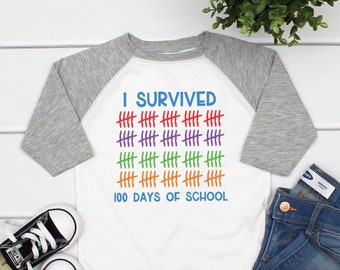 I Survived 100 Days of School Kids Raglan, Kids 100 Days of School Shirt, Funny 100 Days of School Shirt for Kids Boy Girl