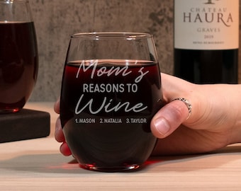 Moms Reasons To Wine Glass, Mom Wine Glass Engraved, Personalized Stemless Wine Glasses, Mom Wine Gift, Funny Mom Wine Glass, Funny Mom Gift