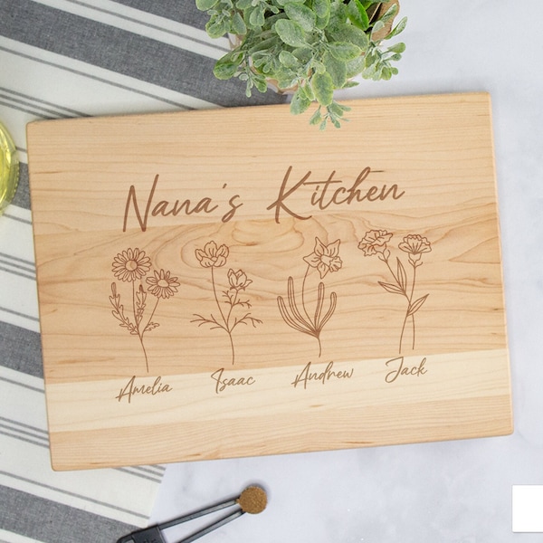 Nana's Kitchen Cutting Board, Birth Flower Cutting Board, Nana Cutting Board, Personalized Nana Gift From Grandkids, Birth Month Flower Gift