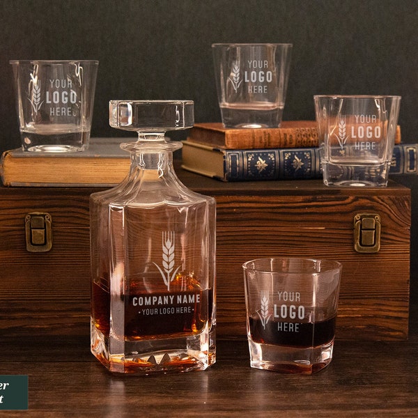 Whiskey Decanter Set With Logo, Corporate Gifts With Logo, Custom Logo Whiskey Glasses and Decanter Set Personalized, Company Logo Gifts