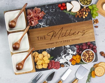 Black Charcuterie Board, Wood and Marble Cheese Board, Host Gift for Her, Housewarming Gift for Couple, New Home Gift, Realtor Closing Gift