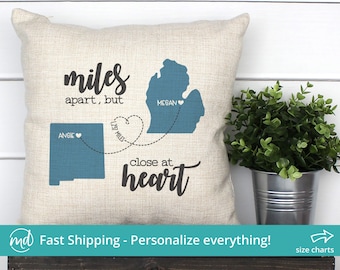 Miles Apart Pillow, Long Distance Friend Gift, State to State Pillow, Long Distance Relationship Gift,  Housewarming Gift, Moving Away Gift