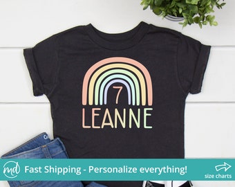 Rainbow 7th Birthday Shirt Girl, Seventh Birthday Shirt Personalized, Pastel Rainbow Birthday Shirt, Seven Year Old Birthday Girl Shirt