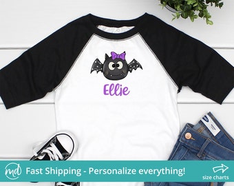 Personalized Halloween Shirts For Girls Halloween Tee Shirts, Halloween Tshirt For Girl, Bat Shirt Kids, Toddler Girl Halloween Shirt